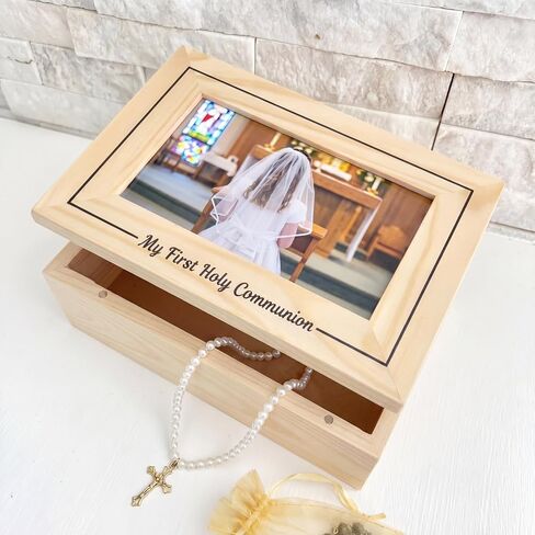Xuhal First Communion Wooden Box Photo Keepsake Baptism Memory Box Personalized First Holy Communion Gifts for Baptism Religious Mementos Jewelry Organizer in Saudi Arabia
