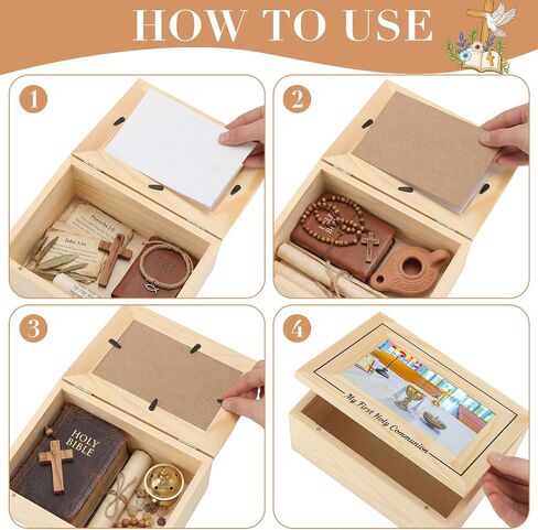 Xuhal First Communion Wooden Box Photo Keepsake Baptism Memory Box Personalized First Holy Communion Gifts for Baptism Religious Mementos Jewelry Organizer in Saudi Arabia