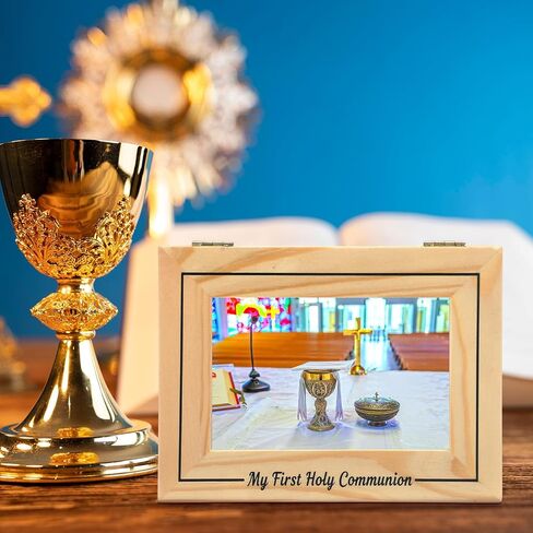 Xuhal First Communion Wooden Box Photo Keepsake Baptism Memory Box Personalized First Holy Communion Gifts for Baptism Religious Mementos Jewelry Organizer in Saudi Arabia