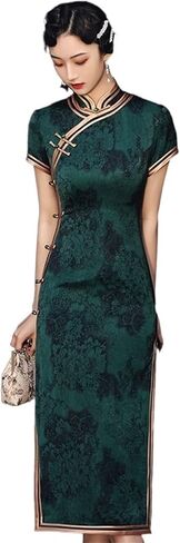 Chinese Vintage Cheongsam Dark Green Improved Retro Republican Elegant Slim Long Dress Qipao Traditional Clothing For Women in Saudi Arabia