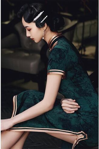 Chinese Vintage Cheongsam Dark Green Improved Retro Republican Elegant Slim Long Dress Qipao Traditional Clothing For Women in Saudi Arabia