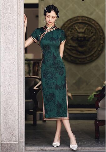 Chinese Vintage Cheongsam Dark Green Improved Retro Republican Elegant Slim Long Dress Qipao Traditional Clothing For Women in Saudi Arabia