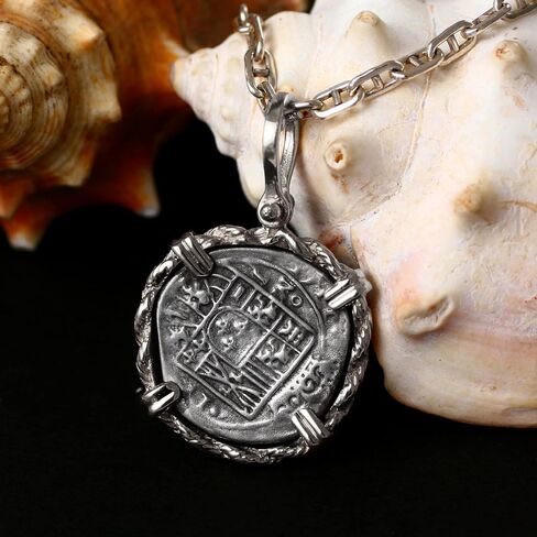 Genuine 100% Atocha Silver Shipwreck Historical Spanish Replica Coin Pendant - Available in 14K Gold or 925 Sterling Silver Frame - Includes Certificate of Authenticity in Kuwait