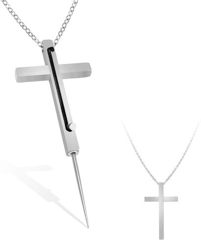 Self Defense Cross Necklace, 21 Inch Chain Stainless Steel Emergency Tool Religious Cross Jewelry for Men and Women Comes with Gift Box in Saudi Arabia