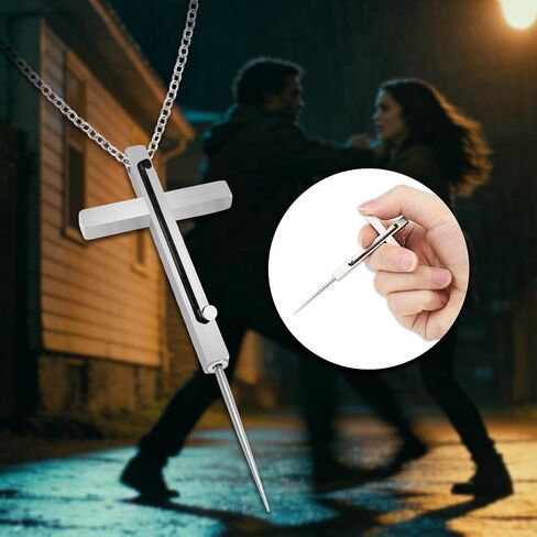 Self Defense Cross Necklace, 21 Inch Chain Stainless Steel Emergency Tool Religious Cross Jewelry for Men and Women Comes with Gift Box in Saudi Arabia