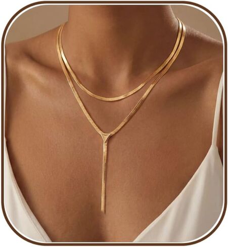 Long Necklaces for Women, Dainty Gold Drop Necklace 14k Gold Plated Y Shaped Lariat Necklace Simple Gold Necklaces for Women Trendy Chunky Long Necklace Formal Wedding Prom Necklace Jewelry in Saudi Arabia