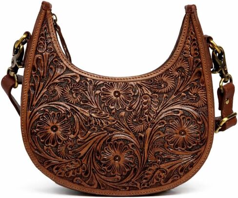 American Bison Brown Half-Moon Crossbody Bag – Floral Filigree Leather Shoulder Purse, Western Style in Saudi Arabia