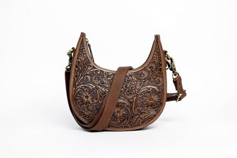 American Bison Brown Half-Moon Crossbody Bag – Floral Filigree Leather Shoulder Purse, Western Style in Saudi Arabia