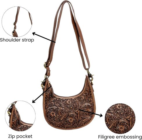 American Bison Brown Half-Moon Crossbody Bag – Floral Filigree Leather Shoulder Purse, Western Style in Saudi Arabia