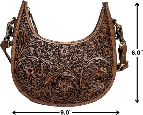 American Bison Brown Half-Moon Crossbody Bag – Floral Filigree Leather Shoulder Purse, Western Style in Saudi Arabia
