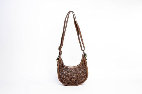 American Bison Brown Half-Moon Crossbody Bag – Floral Filigree Leather Shoulder Purse, Western Style in Saudi Arabia