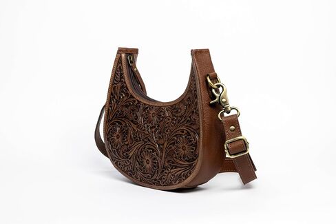 American Bison Brown Half-Moon Crossbody Bag – Floral Filigree Leather Shoulder Purse, Western Style in Saudi Arabia