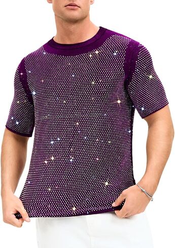 ShawGobow Rhinestone Shirt Men,Sparkly Short Sleeve Disco Top Size 38-44,Glitter Concert Festival Rave Party Outfit in Kuwait