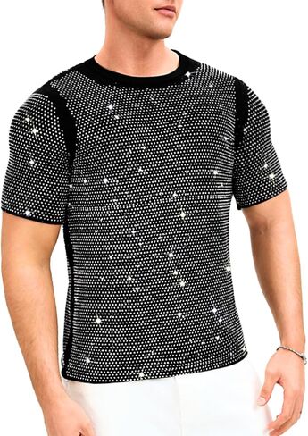 ShawGobow Rhinestone Shirt Men,Sparkly Short Sleeve Disco Top Size 38-44,Glitter Concert Festival Rave Party Outfit in Kuwait