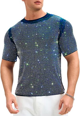 ShawGobow Rhinestone Shirt Men,Sparkly Short Sleeve Disco Top Size 38-44,Glitter Concert Festival Rave Party Outfit in Kuwait