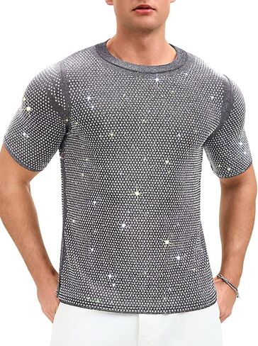 ShawGobow Rhinestone Shirt Men,Sparkly Short Sleeve Disco Top Size 38-44,Glitter Concert Festival Rave Party Outfit in Kuwait