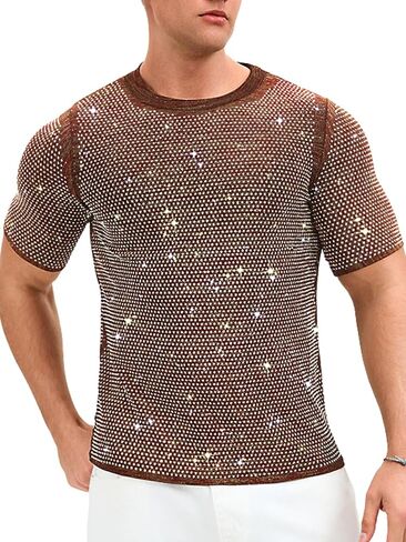 ShawGobow Rhinestone Shirt Men,Sparkly Short Sleeve Disco Top Size 38-44,Glitter Concert Festival Rave Party Outfit in Kuwait