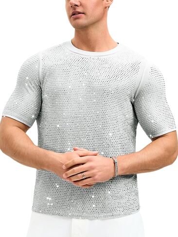 ShawGobow Rhinestone Shirt Men,Sparkly Short Sleeve Disco Top Size 38-44,Glitter Concert Festival Rave Party Outfit in Kuwait