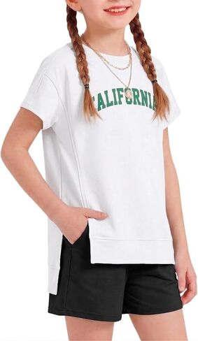 Arshiner Girls 2 Piece Outfit Summer Short Sleeve Loose Fit T-Shirt and Shorts Set Casual Activewear High-Low Hem Sweatshirt in Kuwait