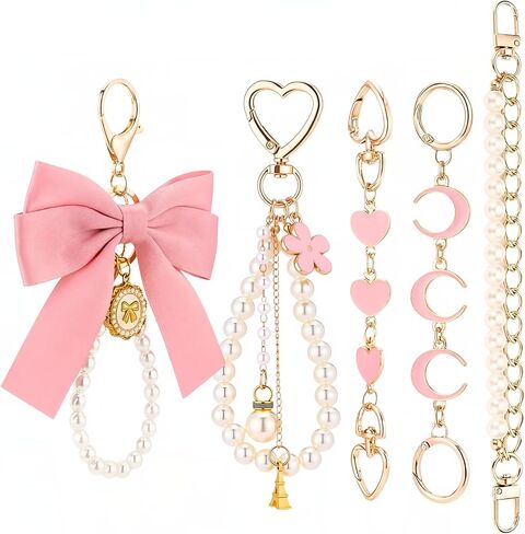 5 Piece Purse Extender Chain and Bow Keychain Kit, Pearl Handbag Strap Replacement with Heart Lobster Clasps in Kuwait