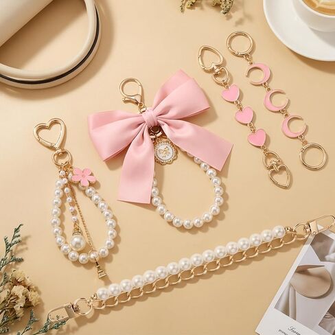5 Piece Purse Extender Chain and Bow Keychain Kit, Pearl Handbag Strap Replacement with Heart Lobster Clasps in Kuwait