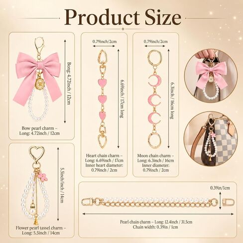 5 Piece Purse Extender Chain and Bow Keychain Kit, Pearl Handbag Strap Replacement with Heart Lobster Clasps in Kuwait