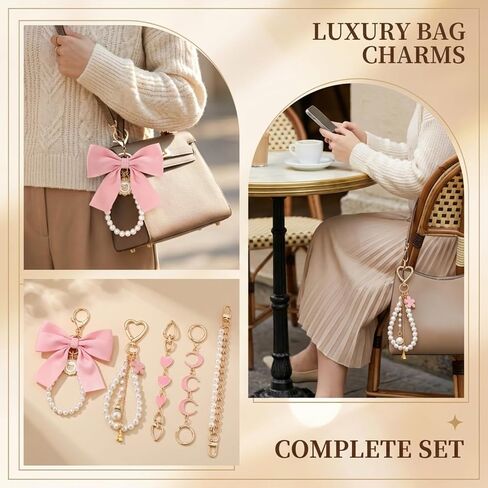 5 Piece Purse Extender Chain and Bow Keychain Kit, Pearl Handbag Strap Replacement with Heart Lobster Clasps in Kuwait