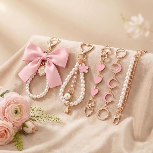 5 Piece Purse Extender Chain and Bow Keychain Kit, Pearl Handbag Strap Replacement with Heart Lobster Clasps in Kuwait