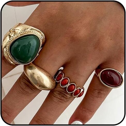 Chunky Gold Big Ring Set for Women Vintage Boho Amber Agate Ring Exaggerated Stacking Dome Statement Jewelry Gifts in Saudi Arabia