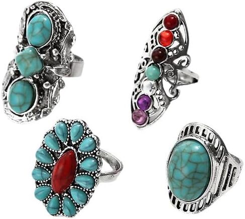 coadipress 4 Pcs Vintage Boho Turquoise Knuckle Rings Set for Women Chunky Turquoise Western Cow Skull Horseshoe Boot Hat Stackable Rings Bohemian Western Jewelry in Kuwait