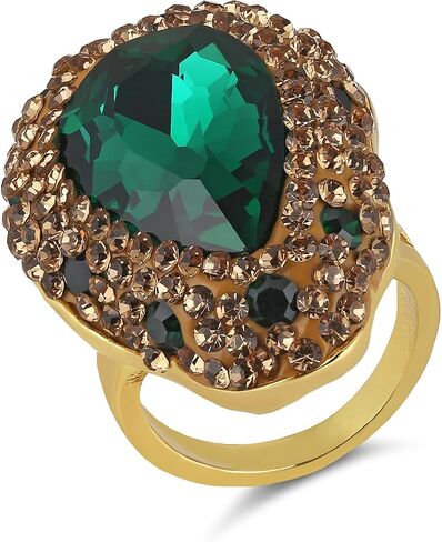 HZMAN Natural Stone Statement Ring for Women, Crystal Paved Bold Cocktail Ring, Adjustable Gold Tone Fashion Jewelry in Kuwait