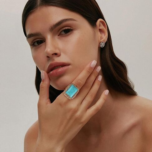HZMAN Natural Stone Statement Ring for Women, Crystal Paved Bold Cocktail Ring, Adjustable Gold Tone Fashion Jewelry in Kuwait