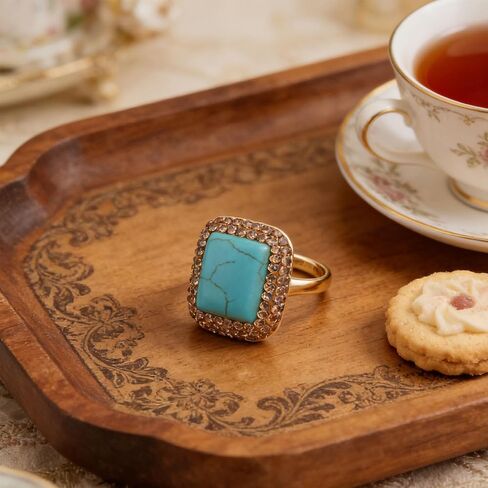 HZMAN Natural Stone Statement Ring for Women, Crystal Paved Bold Cocktail Ring, Adjustable Gold Tone Fashion Jewelry in Kuwait