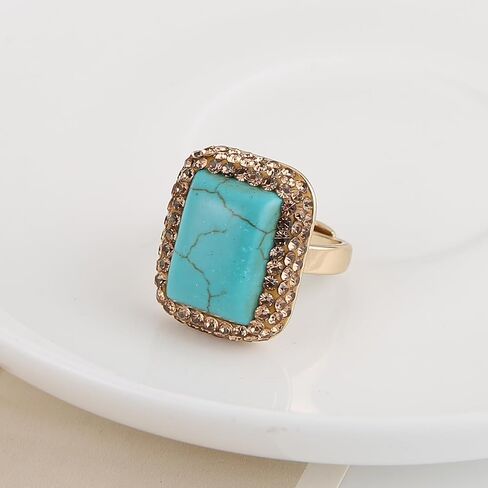 HZMAN Natural Stone Statement Ring for Women, Crystal Paved Bold Cocktail Ring, Adjustable Gold Tone Fashion Jewelry in Kuwait