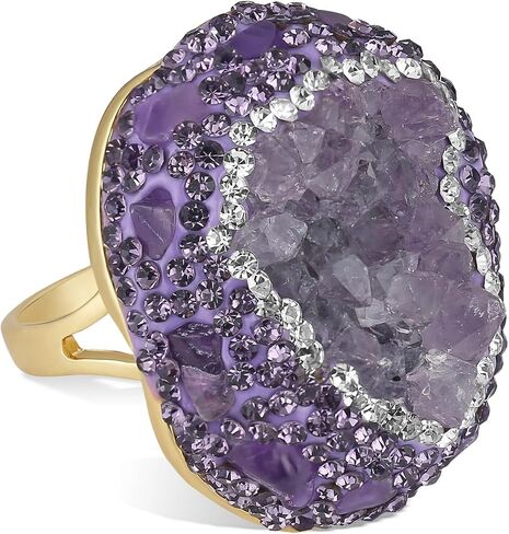 HZMAN Natural Stone Statement Ring for Women, Crystal Paved Bold Cocktail Ring, Adjustable Gold Tone Fashion Jewelry in Kuwait