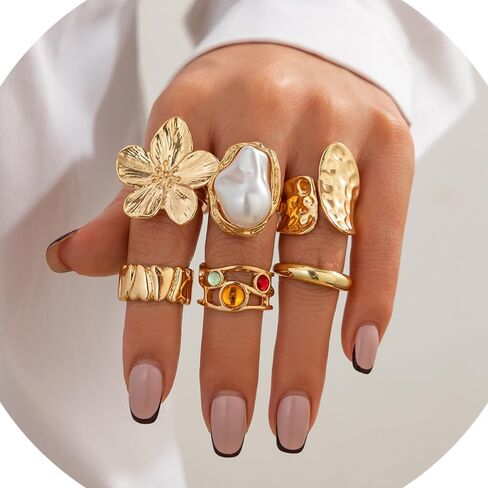 6pcs Flowers Baroque Pearl Gold Rings for Women Dainty Stackable Finger Adjustable Ring Boho Fashion Rings Set for Woman Trendy Stuff Statement Jewelry in Saudi Arabia