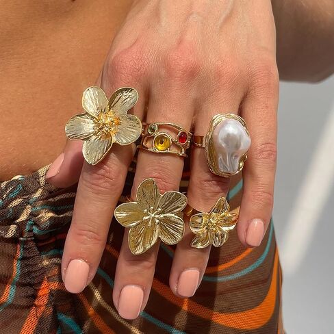 6pcs Flowers Baroque Pearl Gold Rings for Women Dainty Stackable Finger Adjustable Ring Boho Fashion Rings Set for Woman Trendy Stuff Statement Jewelry in Saudi Arabia