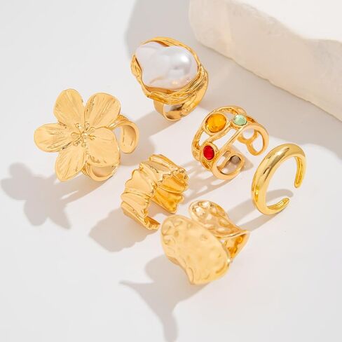 6pcs Flowers Baroque Pearl Gold Rings for Women Dainty Stackable Finger Adjustable Ring Boho Fashion Rings Set for Woman Trendy Stuff Statement Jewelry in Saudi Arabia