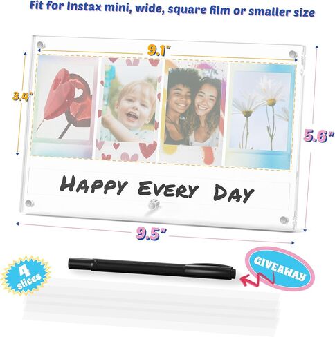 Instax Polaroid Photo Frame for Fujifilm Instax Mini/Square/Wide Films, Acrylic Magnetic Picture Frame with Message Panel, Desktop Photo Display Holder for 2x3 Photos, Gift for Family and Friends in Kuwait