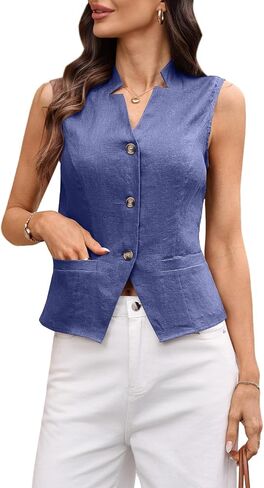 Women's 100% Linen Vest Tops Notch Collar Back Tie Button up Blazer Suit Vest 2026 Summer Waistcoat with Pocket in Saudi Arabia