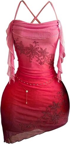 SHENHE Women's Boho Bodycon Mini Halter Dress Mesh Ruched Asymmetrical Sexy Beach Sunset Dress in Kuwait
