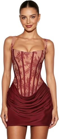 JUMISEE Women‘s Floral Lace Boning Corset Mini Dress Sexy Lace Up Bodycon Prom Dress Ruched Square Neck Party Gowns in Kuwait
