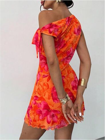 SOLY HUX Women's Floral Off The Shoulder Dress Bow Tie Bodycon Mini Party Sundress Beach Vacation Dresses in Kuwait