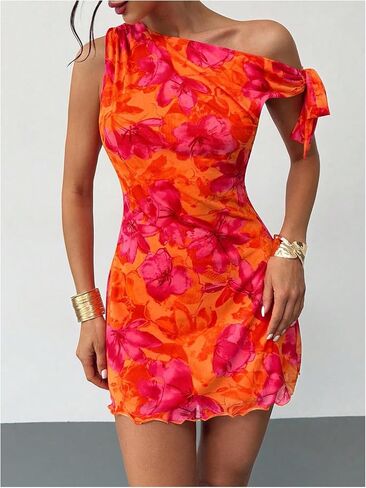 SOLY HUX Women's Floral Off The Shoulder Dress Bow Tie Bodycon Mini Party Sundress Beach Vacation Dresses in Kuwait