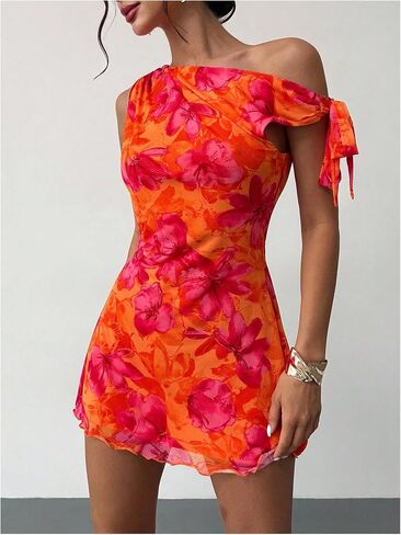 SOLY HUX Women's Floral Off The Shoulder Dress Bow Tie Bodycon Mini Party Sundress Beach Vacation Dresses in Kuwait
