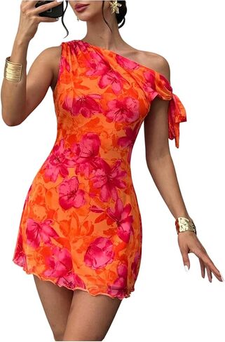 SOLY HUX Women's Floral Off The Shoulder Dress Bow Tie Bodycon Mini Party Sundress Beach Vacation Dresses in Kuwait