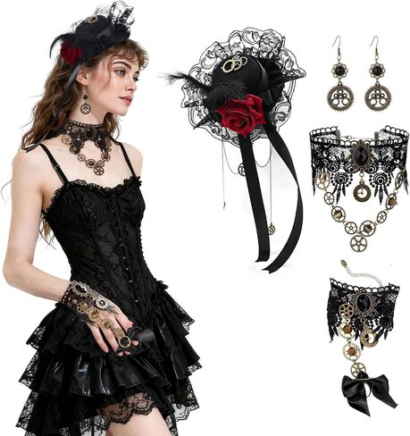 Steampunk Accessories 4 Pcs Steam Punk Hat Glove Necklace Gear Earrings Women Jewelry Cosplay Set Halloween in Saudi Arabia