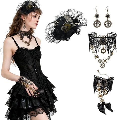 Steampunk Accessories 4 Pcs Steam Punk Hat Glove Necklace Gear Earrings Women Jewelry Cosplay Set Halloween in Saudi Arabia