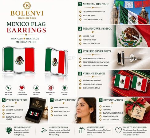 Mexico Flag Stud Earrings, 925 Sterling Silver Post Earrings, Mexican Heritage Jewelry, Enamel Country Flag Earrings, Mexico Pride Gift in Kuwait