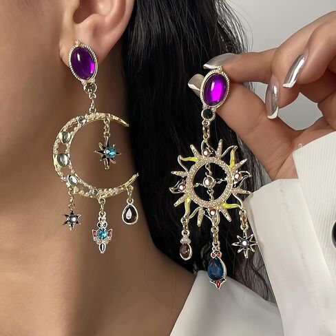 Fashion Vintage Asymmetric Sun Moon Star Drop Earrings Studs for Women in Saudi Arabia